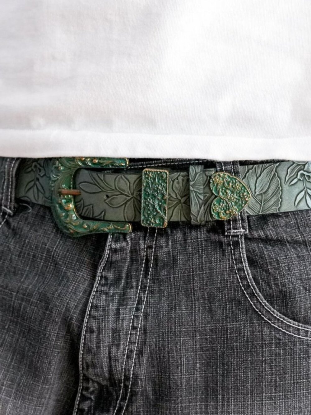 Green Tooled Floral Western Buckle Belt